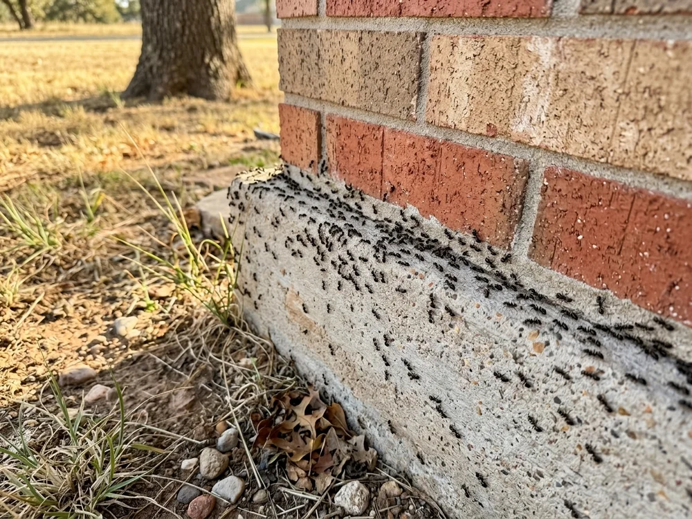 Close-up of an Armory technician checking a mud tube along the foundation of an aging Del City home.