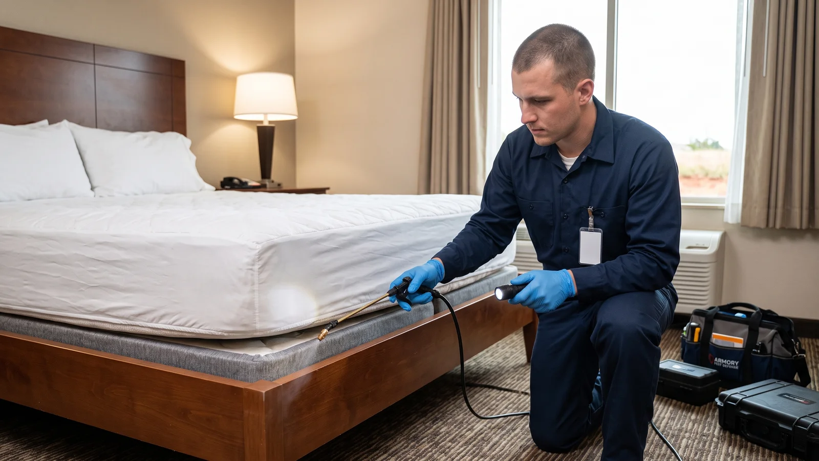 Close-up of an Armory technician inspecting standing water in a clogged gutter at an Oklahoma City home for mosquito larvae.