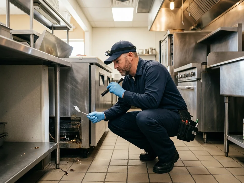 Close-up of an Armory technician placing cockroach gel bait near a worn plumbing line in an older Seminole County home.