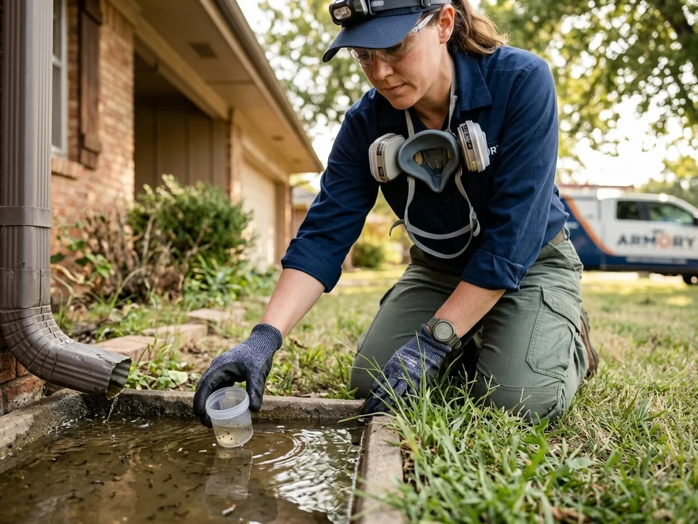 Close-up of an Armory exterminator inspecting a baseboard and entry point inside an Edmond home.
