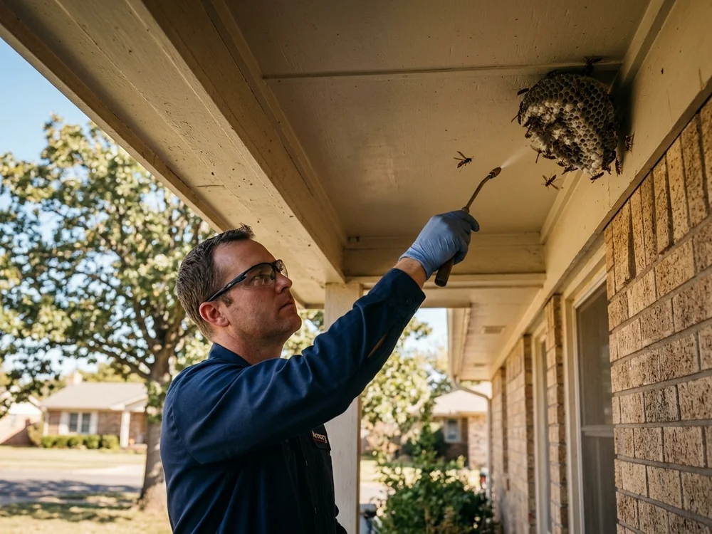 Close-up of a technician applying a perimeter pest barrier along the foundation of a Norman-area home.
